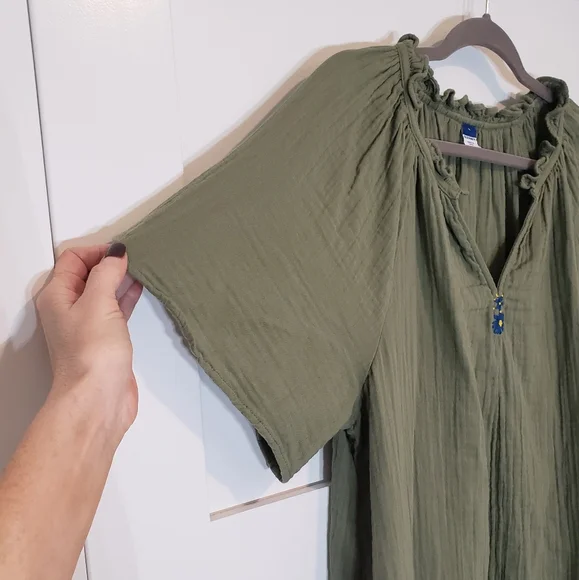 Old Navy Knee Length Dress All Cotton Ruffled V Neck Short Sleeves Olive Large - Picture 7 of 11